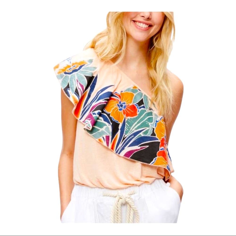 Free People Annka Bubble Pullover Floral Blouse, One Shoulder Womens Size large